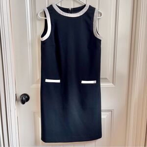 Black mod shift dress white contrast trim preppy chic 60s sleeveless size 6